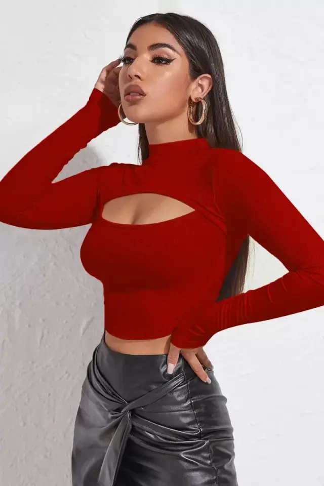 Kadın Kırmızı Uzun Kollu Dekolteli Modern Cut-out Crop Bluz