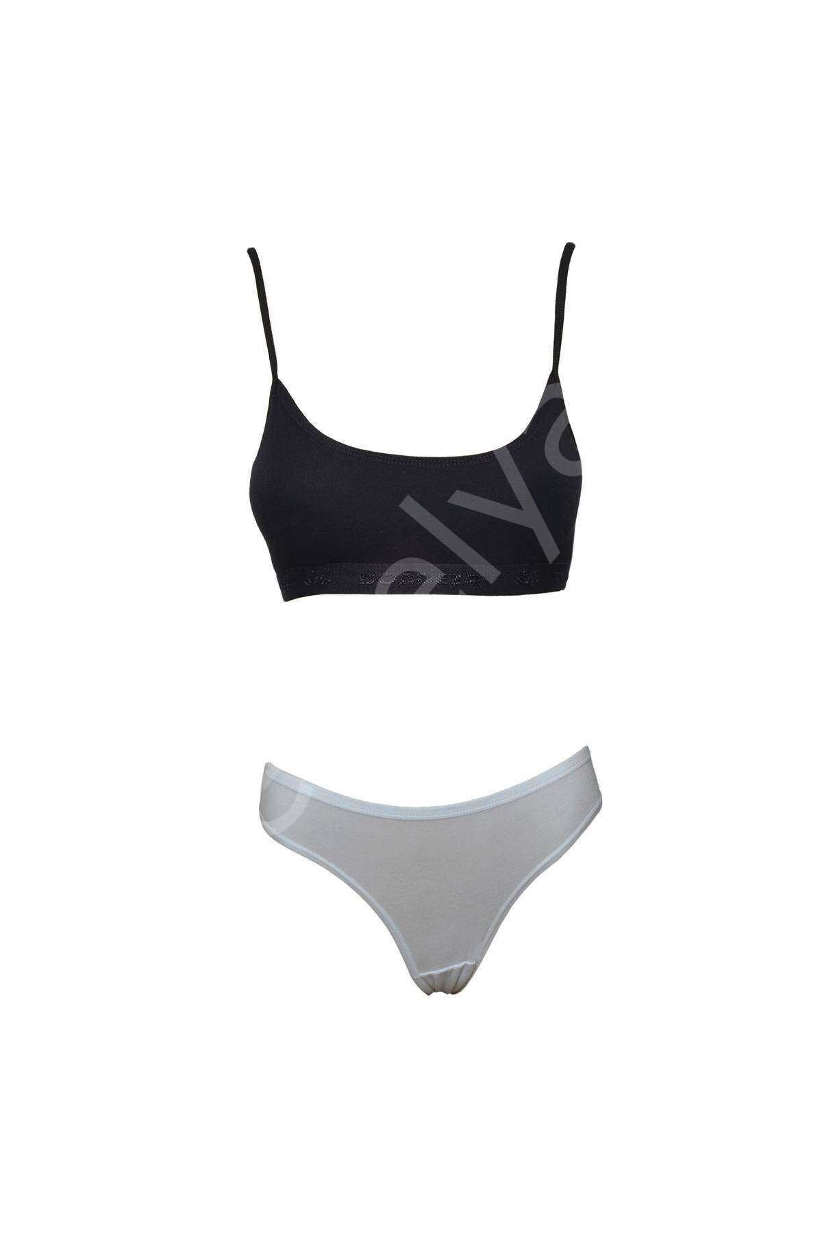 Pedli İp Askılı Yarım Atlet Büstiyer Külot Takım Siyah Beyaz L-XL