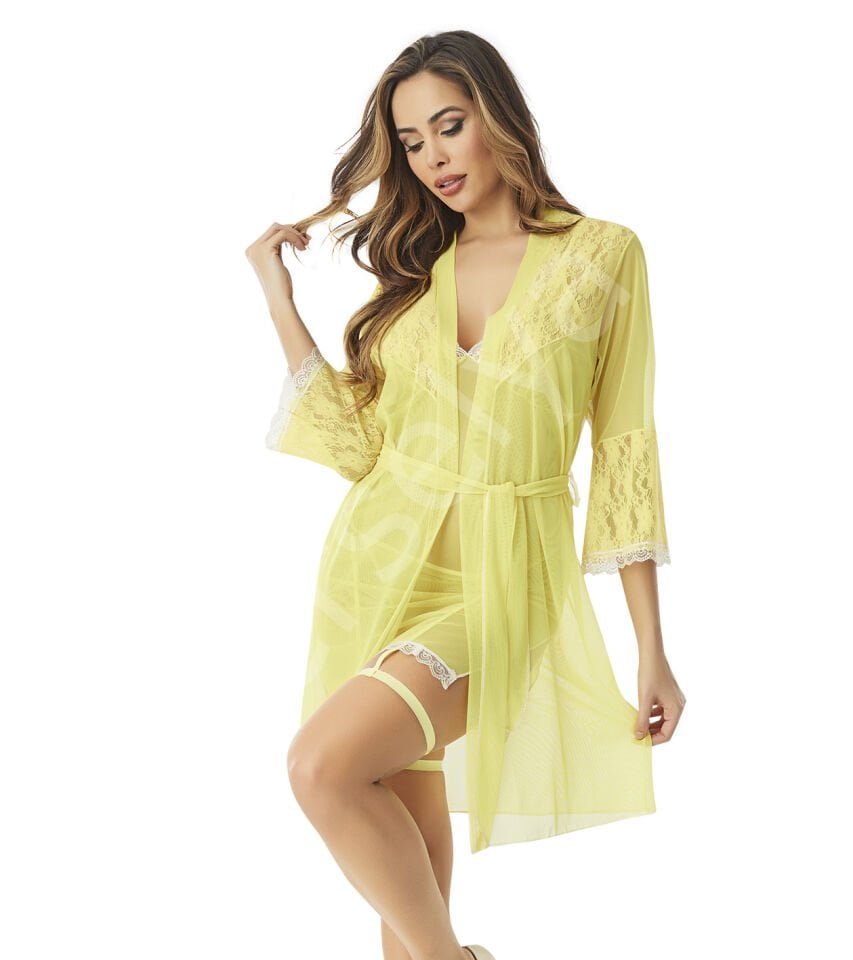 Sabahlıklı Sarı Seksi Gecelik Takım  9068