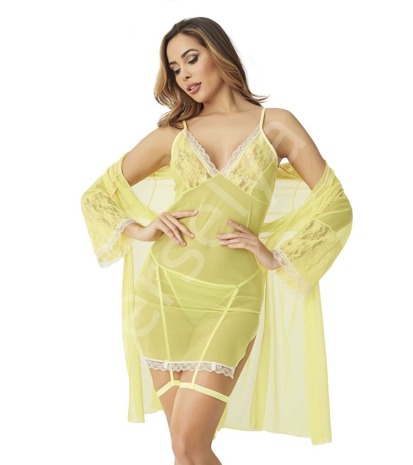 Sabahlıklı Sarı Seksi Gecelik Takım  9068