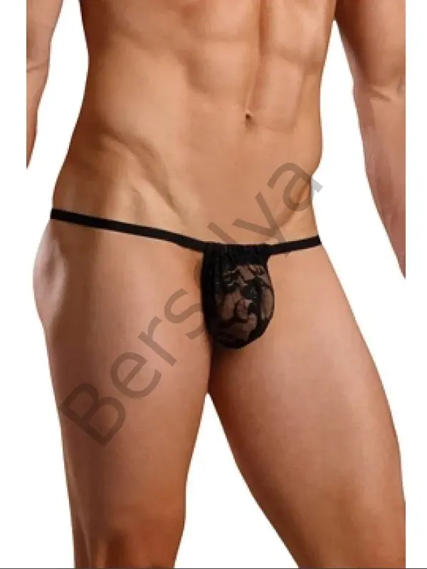 Fantazi Siyah Dantelli Erkek Iç Çamaşırı String Tanga