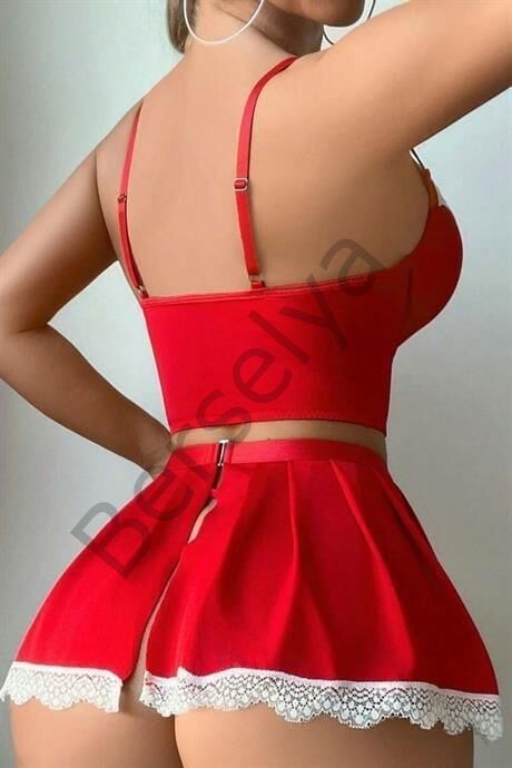 Kırmızı Beyaz Bacak Aksesuarlı Büstiyerli Fantezi Hizmetçi Kostümü