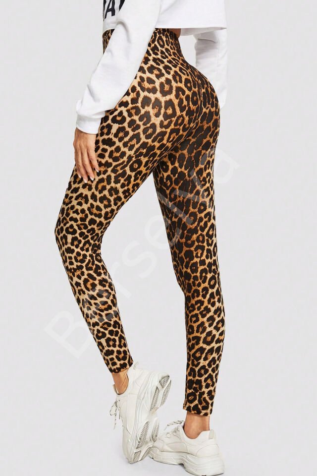 Kadın Leopar Desenli Yüksek Bel Dar Kesim Esnek Tayt