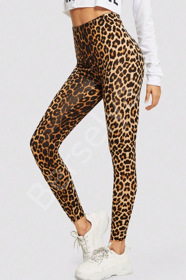 Kadın Leopar Desenli Yüksek Bel Dar Kesim Esnek Tayt