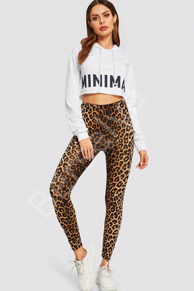 Kadın Leopar Desenli Yüksek Bel Dar Kesim Esnek Tayt