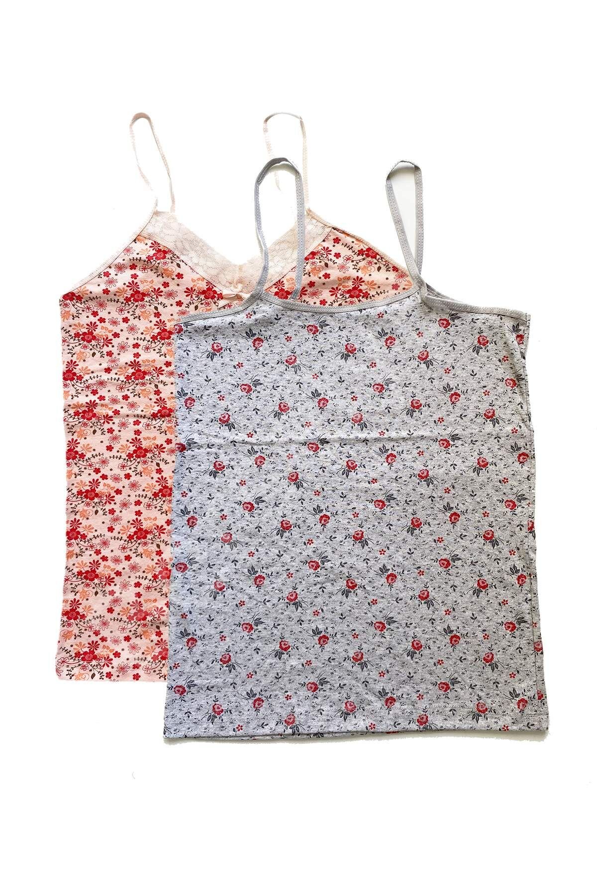 2 Adet Kadın Askılı Desenli Atlet Dantelli Empirme Pamuklu Penye D1-2