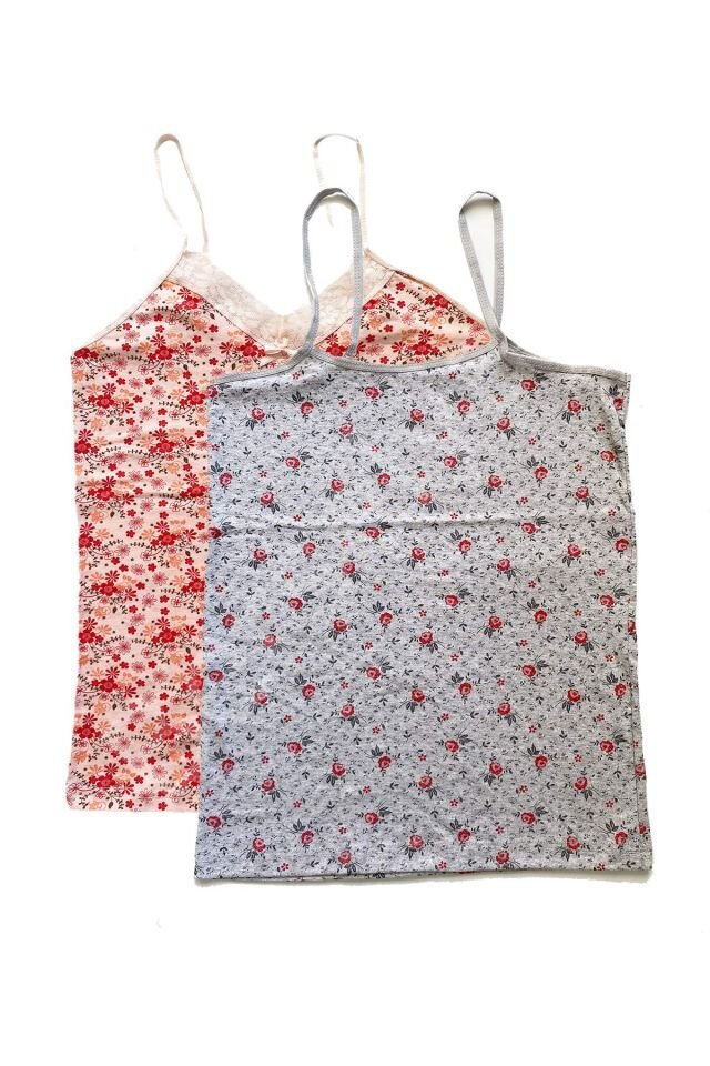 2 Adet Kadın Askılı Desenli Atlet Dantelli Empirme Pamuklu Penye D1-2