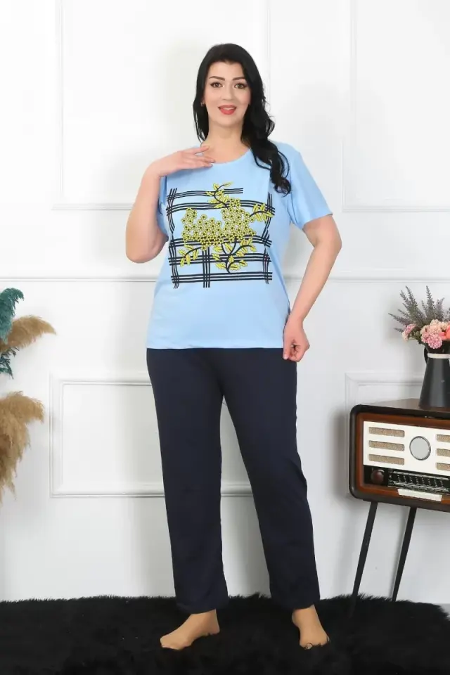 Kadın Büyük Beden Mavi Pijama Takımı