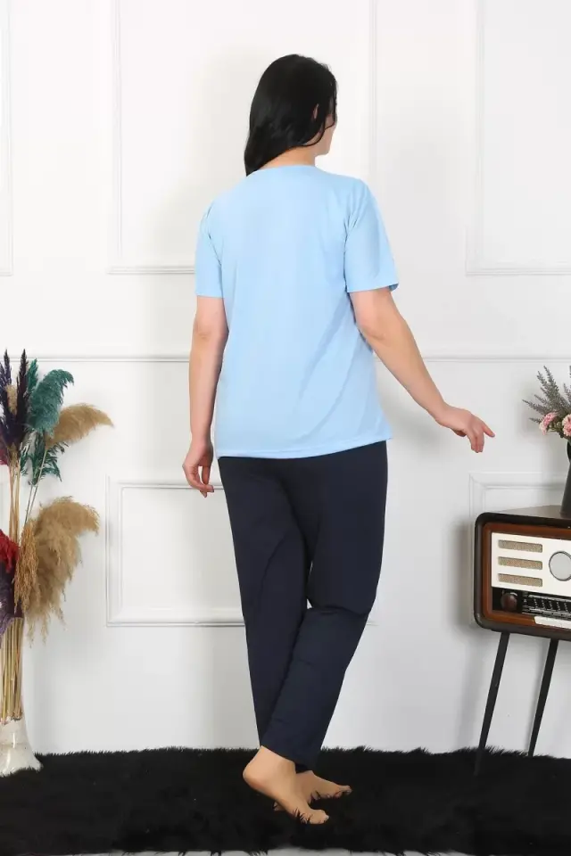 Kadın Büyük Beden Mavi Pijama Takımı