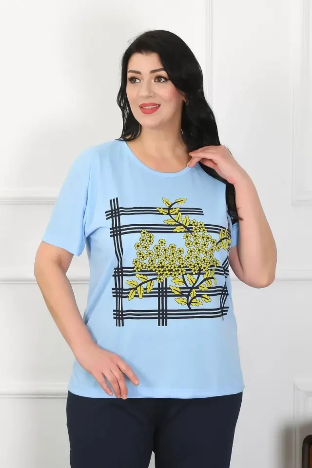 Kadın Büyük Beden Mavi Pijama Takımı