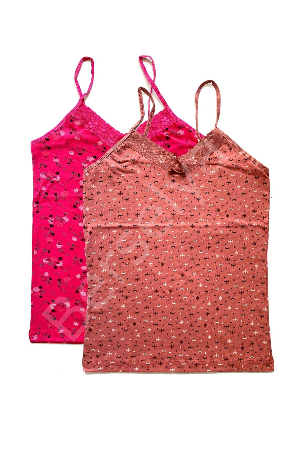 2 Adet Kadın Askılı Desenli Atlet Dantelli Empirme Pamuklu Penye D3-4