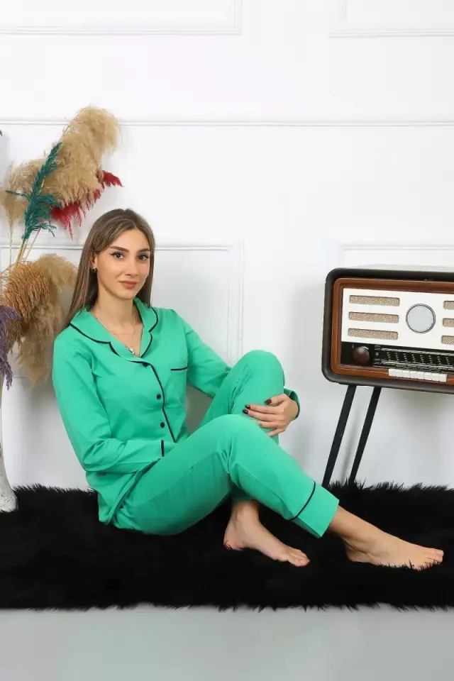 Kadın Pamuk Penye Önden Düğmeli Uzun Kol Yeşil Pijama Takım