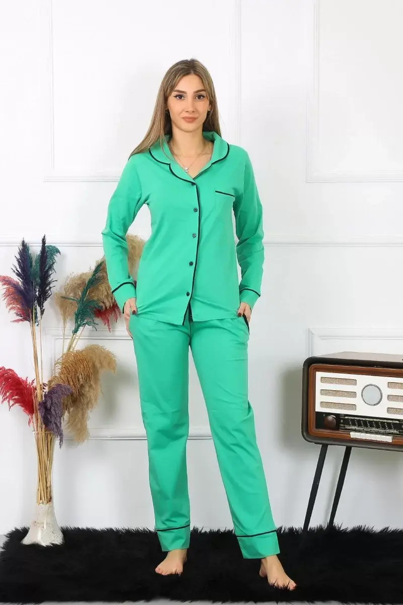 Kadın Pamuk Penye Önden Düğmeli Uzun Kol Yeşil Pijama Takım