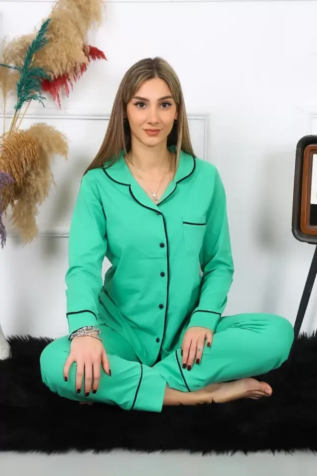 Kadın Pamuk Penye Önden Düğmeli Uzun Kol Yeşil Pijama Takım