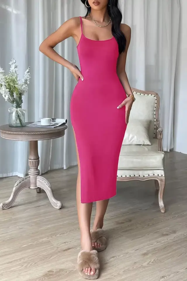 Kadın Fuşya Vücudu Saran Yırtmaç Detaylı Şık Gece Geceliği