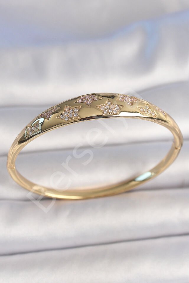 Pirinç Gold Renk Zirkon Taşlı Yıldız İşlemeli Kadın Kelepçe