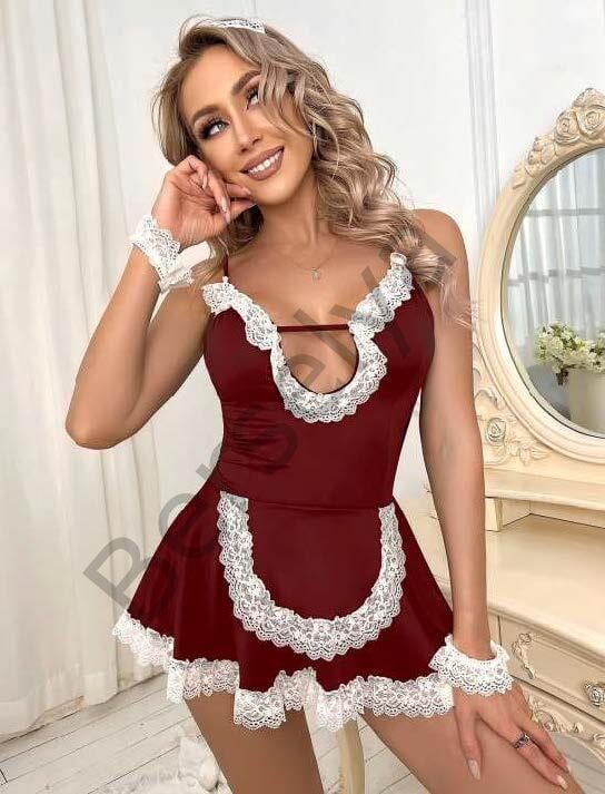 Bordo Beyaz Aksesuarlı Dantelli Fantezi Hizmetçi Kostümü