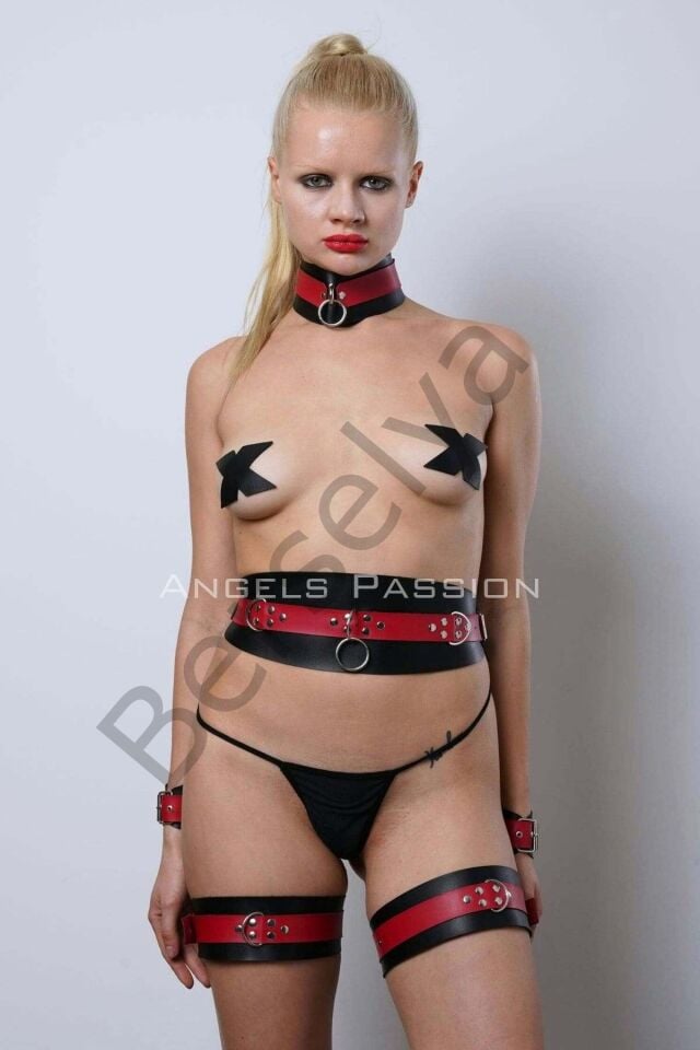 Slave Harness Set, Deri Kelepçeli Harness Takım, Choker Detaylı Fantazi Harness - Brf1263
