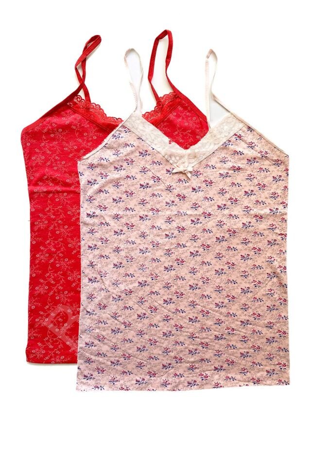 2 Adet Kadın Askılı Desenli Atlet Dantelli Empirme Pamuklu Penye D9-10