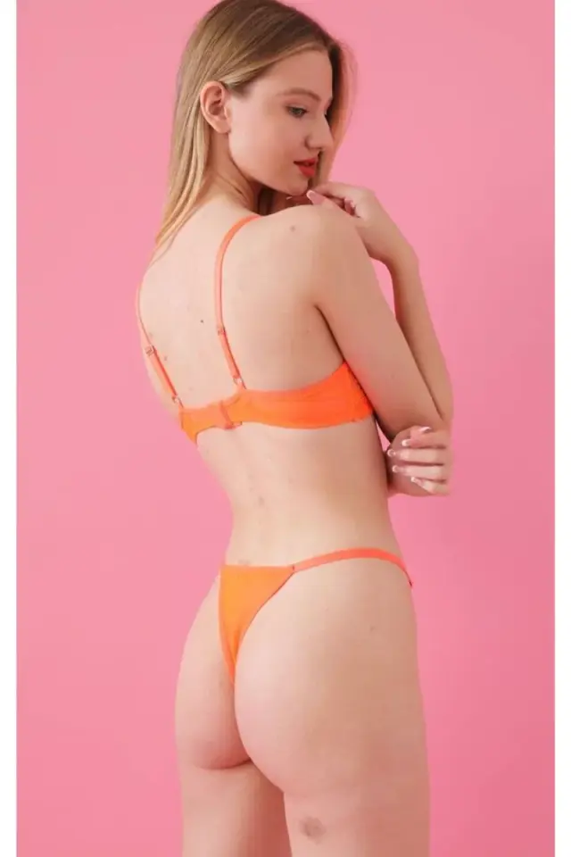 Kadın Seksi Neon Turuncu Brode Bralet Ve Külot Takımı Dantelli Sütyen Takım