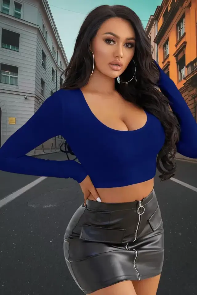 Mavi Derin U Yaka Crop Top Uzun Kollu Dar Kesim Kadın Bluz