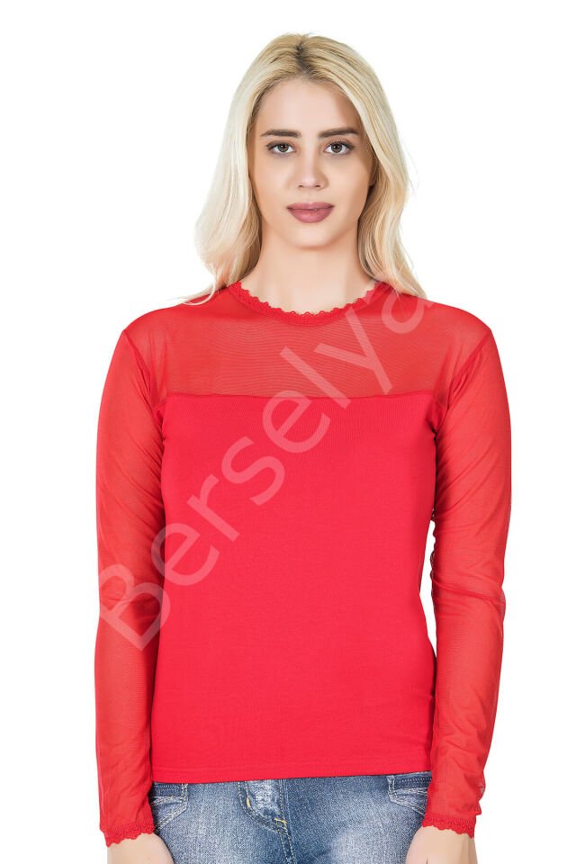 Uzun Kol Transparan Yaka Kadın Tişört 293