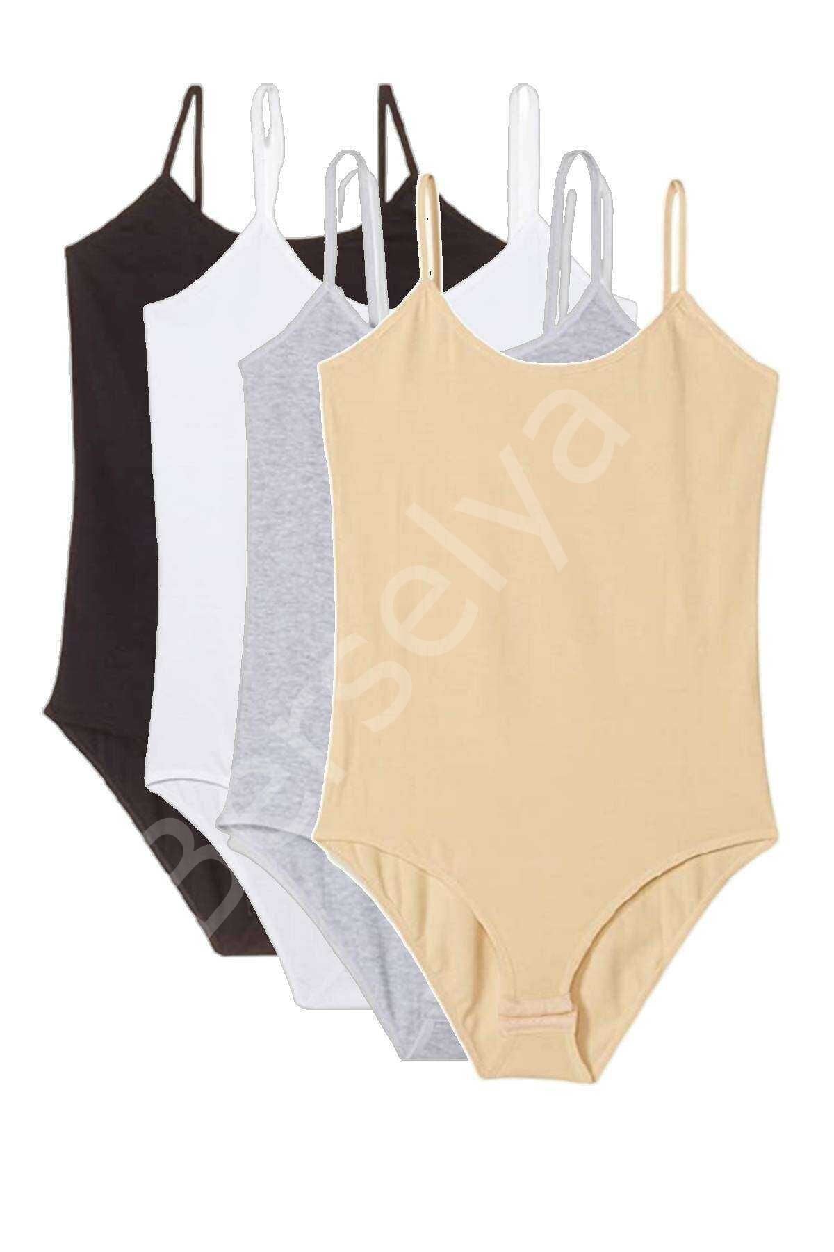 4 Adet İp Askılı Kadın Çıtçıtlı Body Siyah Beyaz Gri Ten XL