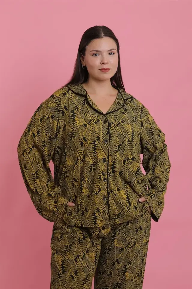 Kadın Büyük Beden Tropikal Yaprak Desenli Düğmeli Pijama Takımı