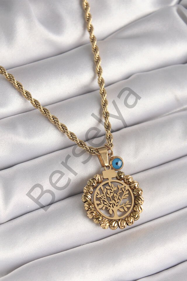 316L Çelik Gold Renk Burgu Zincir Dorika Yaşam Ağacı Figür Nazar Boncuk Detay Kadın Kolye
