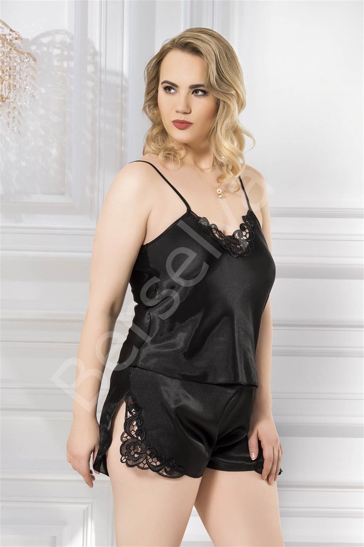 Büyük Beden Siyah Saten Babydoll Şort Takımı