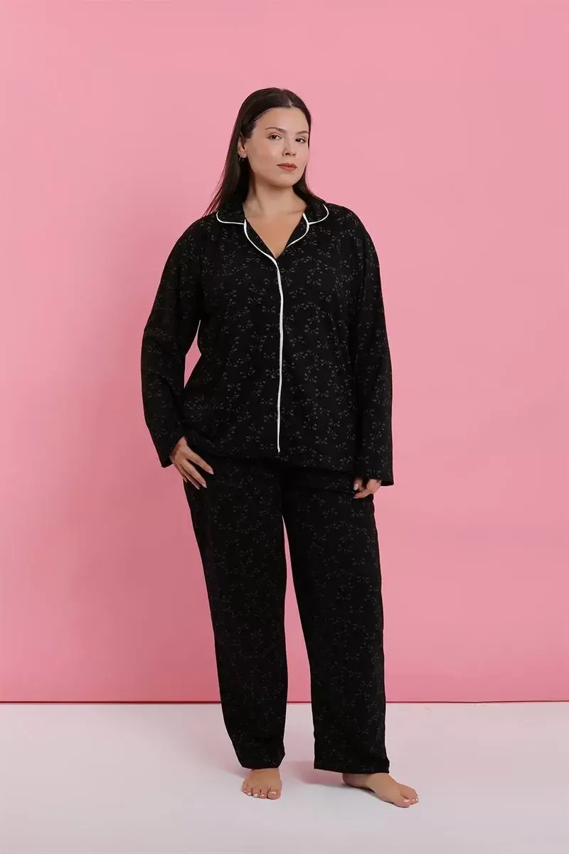 Kadın Büyük Beden Siyah Kırmızı Çiçekli Düğmeli Pijama Takımı