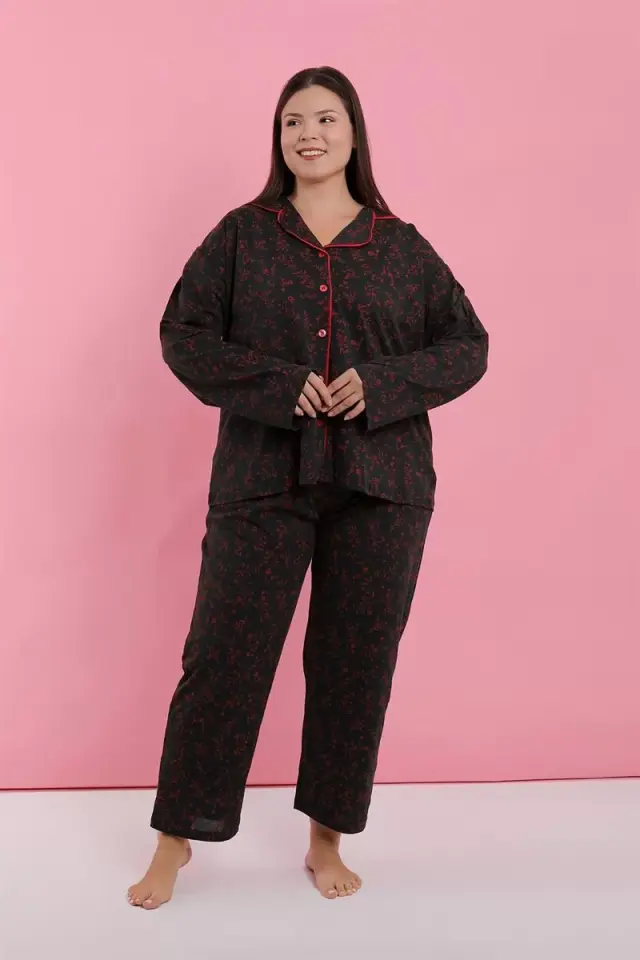 Kadın Büyük Beden Siyah Kırmızı Çiçekli Düğmeli Pijama Takımı