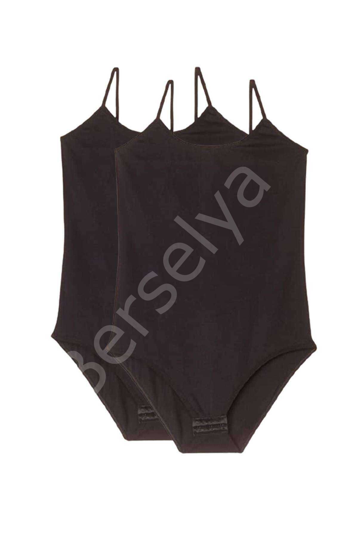 2 Adet Battal Beden İp Askılı Kadın Çıtçıtlı Body Siyah 2XL