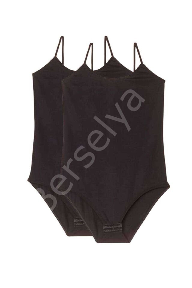 2 Adet Battal Beden İp Askılı Kadın Çıtçıtlı Body Siyah 2XL