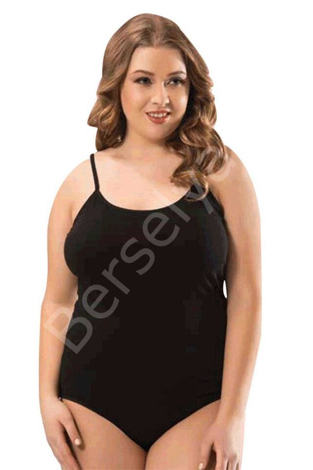 2 Adet Battal Beden İp Askılı Kadın Çıtçıtlı Body Siyah 2XL