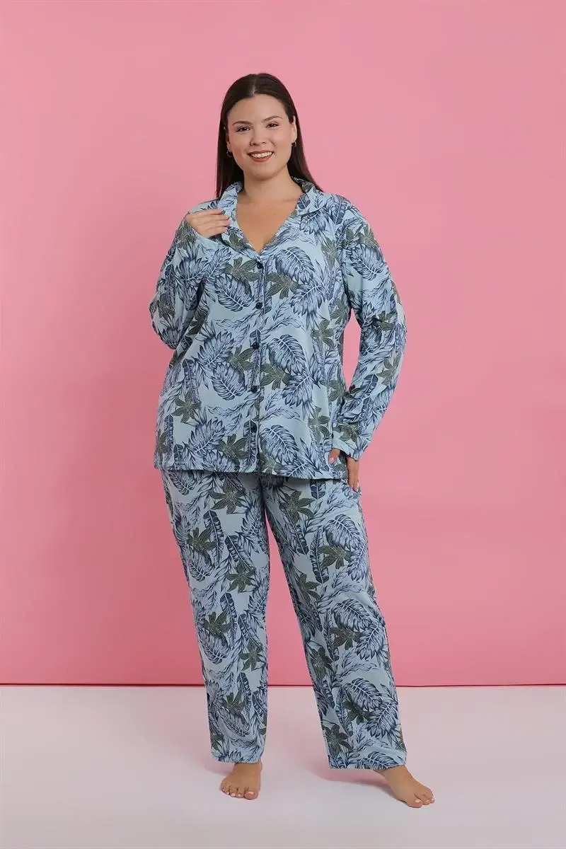 Kadın Büyük Beden Mavi Tropikal Desenli Düğmeli Pijama Takımı