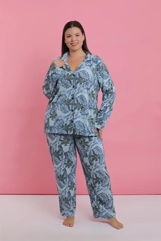 Kadın Büyük Beden Mavi Tropikal Desenli Düğmeli Pijama Takımı