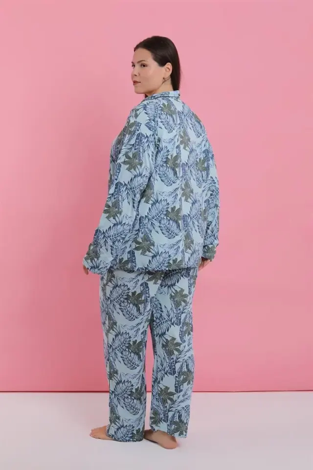 Kadın Büyük Beden Mavi Tropikal Desenli Düğmeli Pijama Takımı