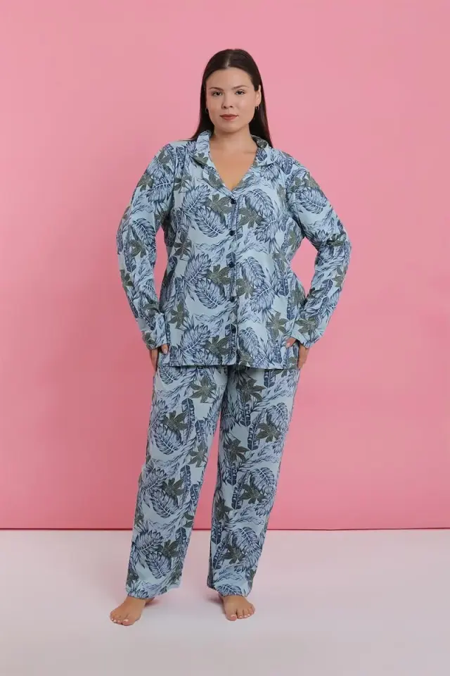 Kadın Büyük Beden Mavi Tropikal Desenli Düğmeli Pijama Takımı