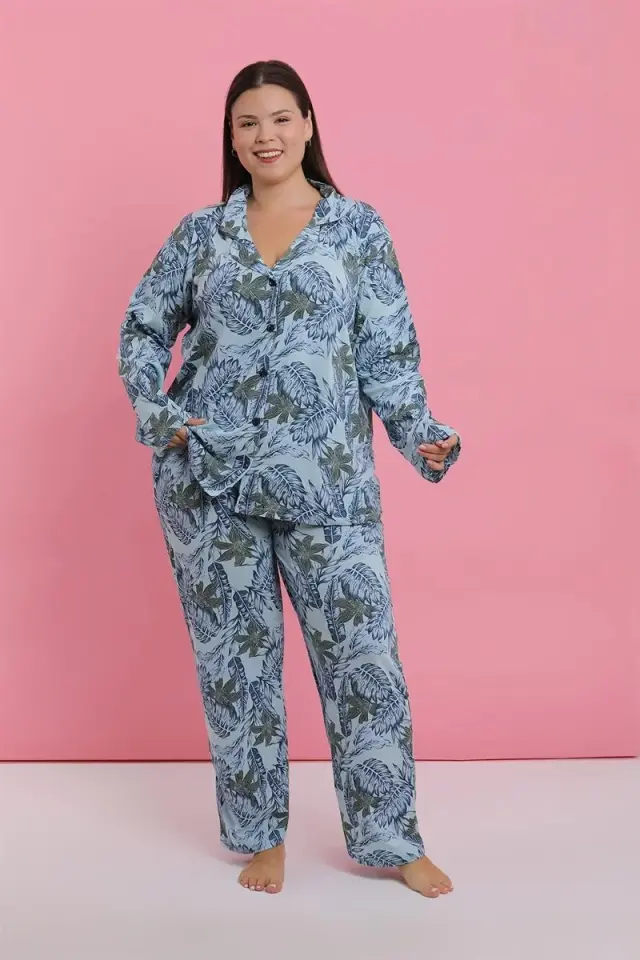 Kadın Büyük Beden Mavi Tropikal Desenli Düğmeli Pijama Takımı