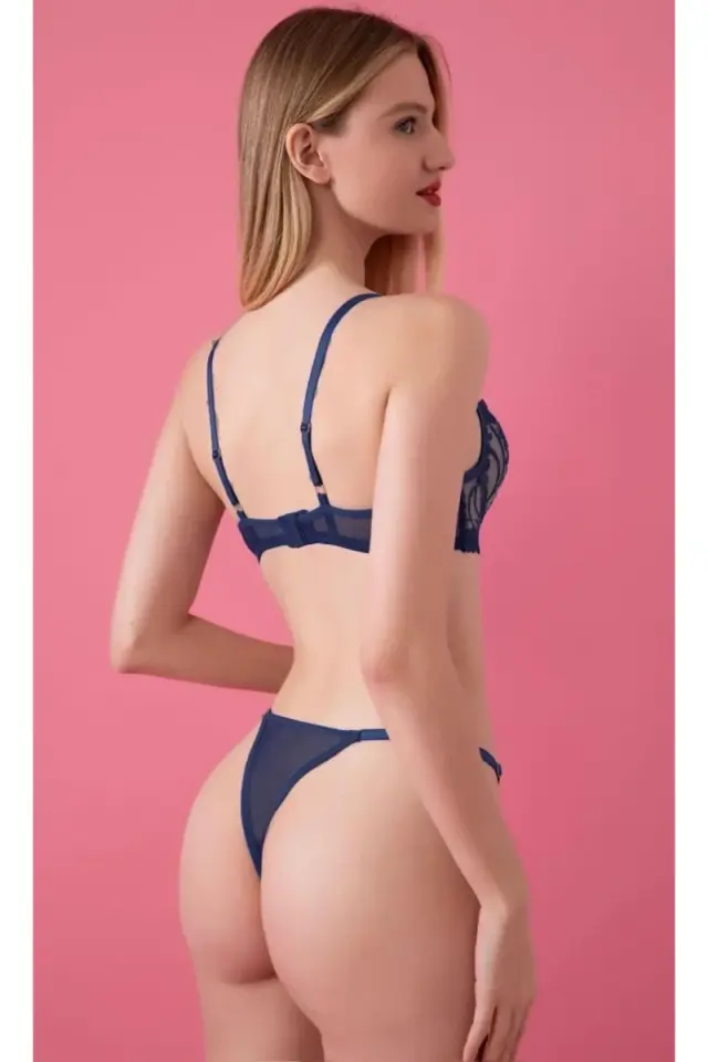 Kadın Seksi Lacivert Brode Bralet Ve Külot Takımı Dantelli Sütyen Takım