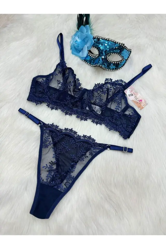 Kadın Seksi Lacivert Brode Bralet Ve Külot Takımı Dantelli Sütyen Takım