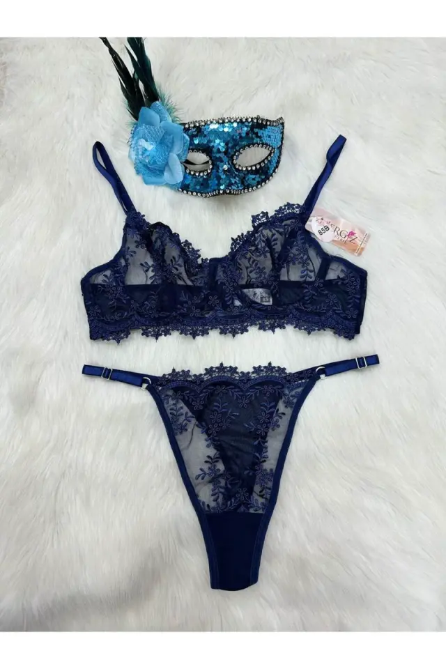 Kadın Seksi Lacivert Brode Bralet Ve Külot Takımı Dantelli Sütyen Takım