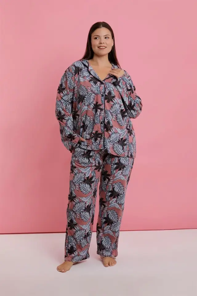 Kadın Büyük Beden Somon Yaprak Desenli Düğmeli Pijama Takımı