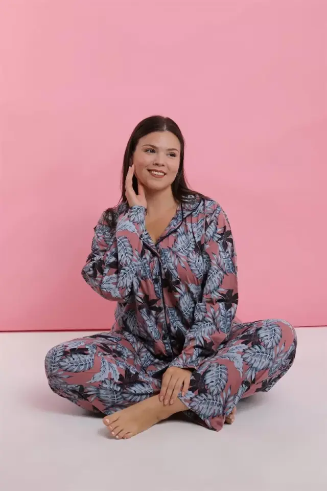 Kadın Büyük Beden Somon Yaprak Desenli Düğmeli Pijama Takımı