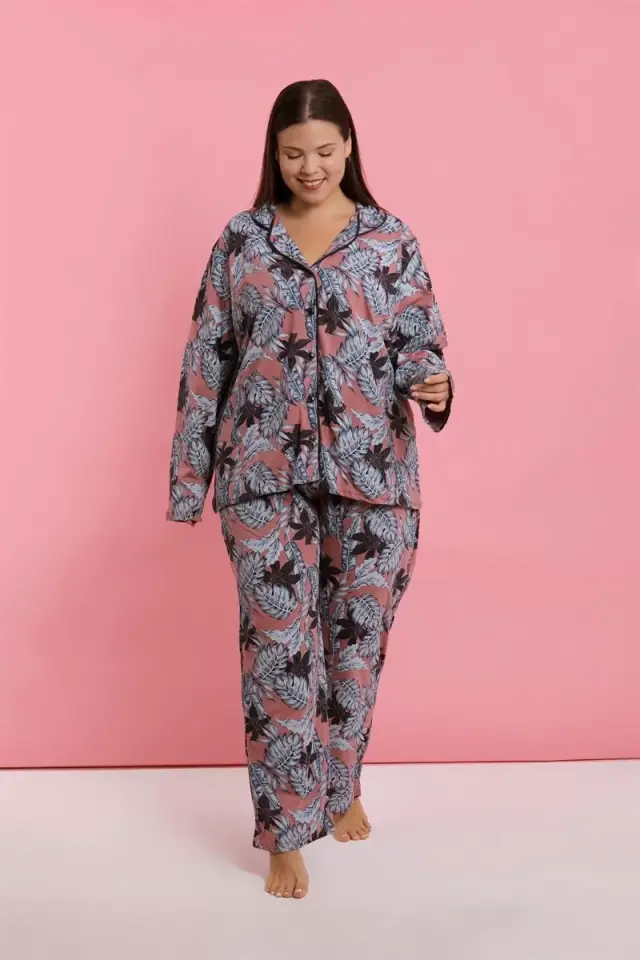 Kadın Büyük Beden Somon Yaprak Desenli Düğmeli Pijama Takımı