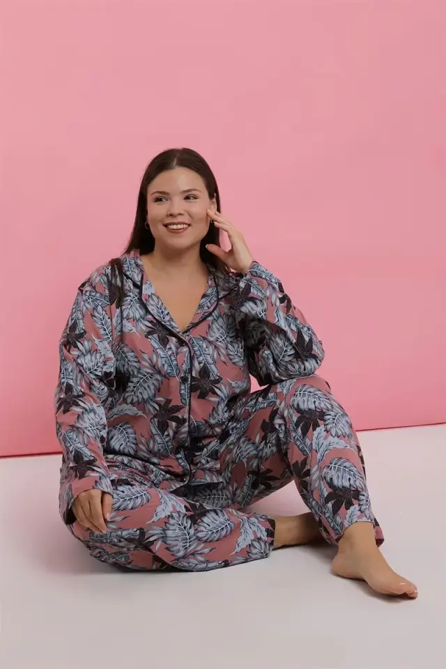 Kadın Büyük Beden Somon Yaprak Desenli Düğmeli Pijama Takımı