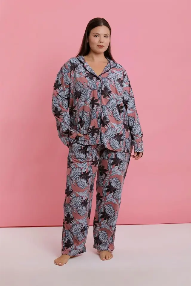 Kadın Büyük Beden Somon Yaprak Desenli Düğmeli Pijama Takımı