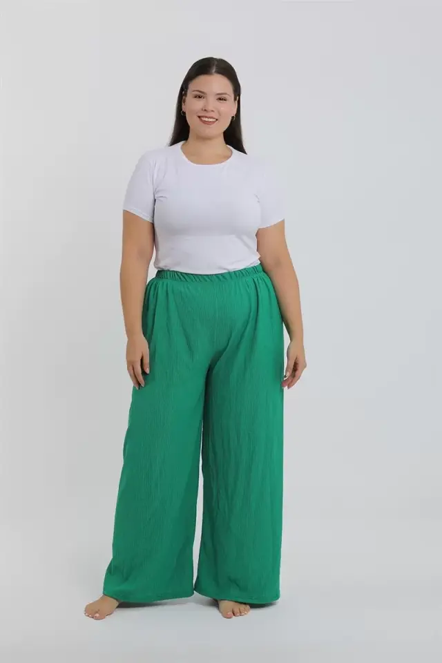 Kadın Büyük Beden Yeşil Rahat Kesim Baggy Tek Alt
