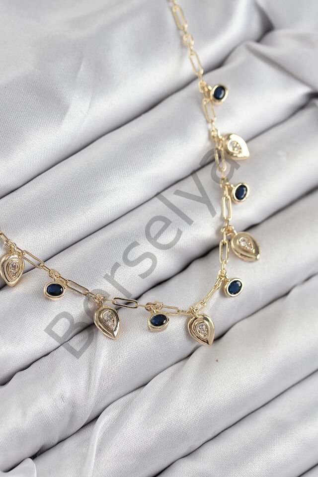 Pirinç Zirkon Taşlı Sallantılı Damla Model Gold Renk Kadın Kolye